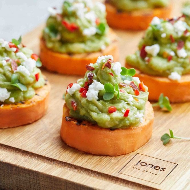 Mini Grilled Sweet Potato, With Chili Smashed Avocado & Feta Canapés